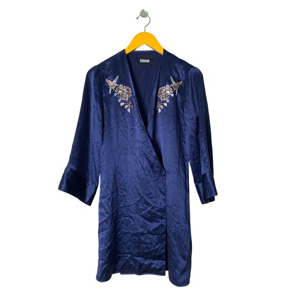 Reformation Dresses & Skirts - REFORMATION 100% Silk Navy Blue Satin Robe Wrap Mini Dress Kimono Size Small